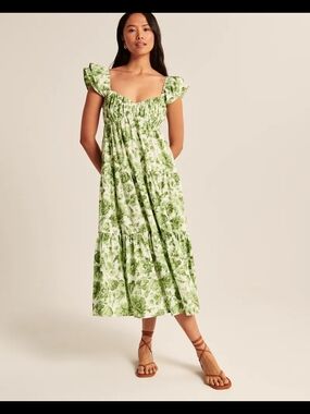 Abercrombie Green Floral Smocked Midi Dress
